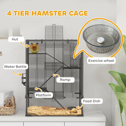 4-Tier Hamster Cage w/ Deep Tempered Glass Bottom, 60 x 40 x 80cm