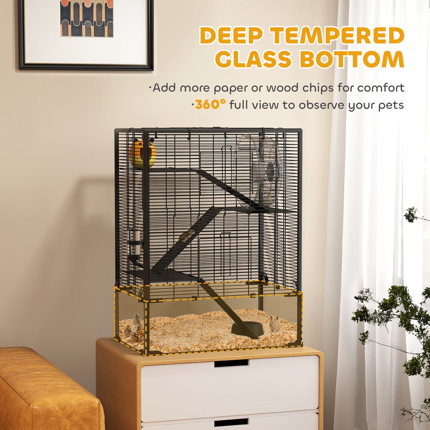 4-Tier Hamster Cage w/ Deep Tempered Glass Bottom, 60 x 40 x 80cm