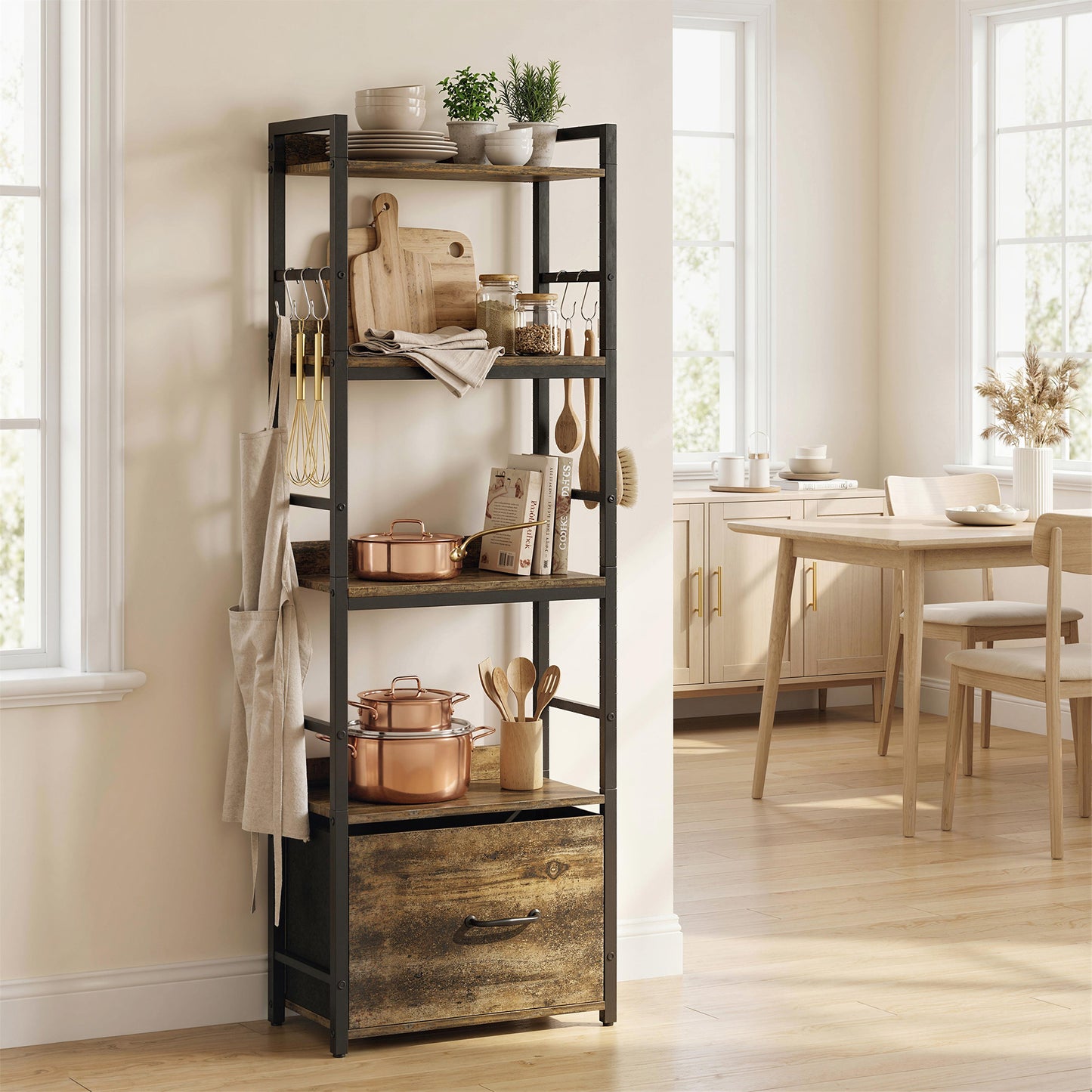 4-Tier Bookshelf, Shelving Unit with Drawer, 8 Hooks, Rustic Brown