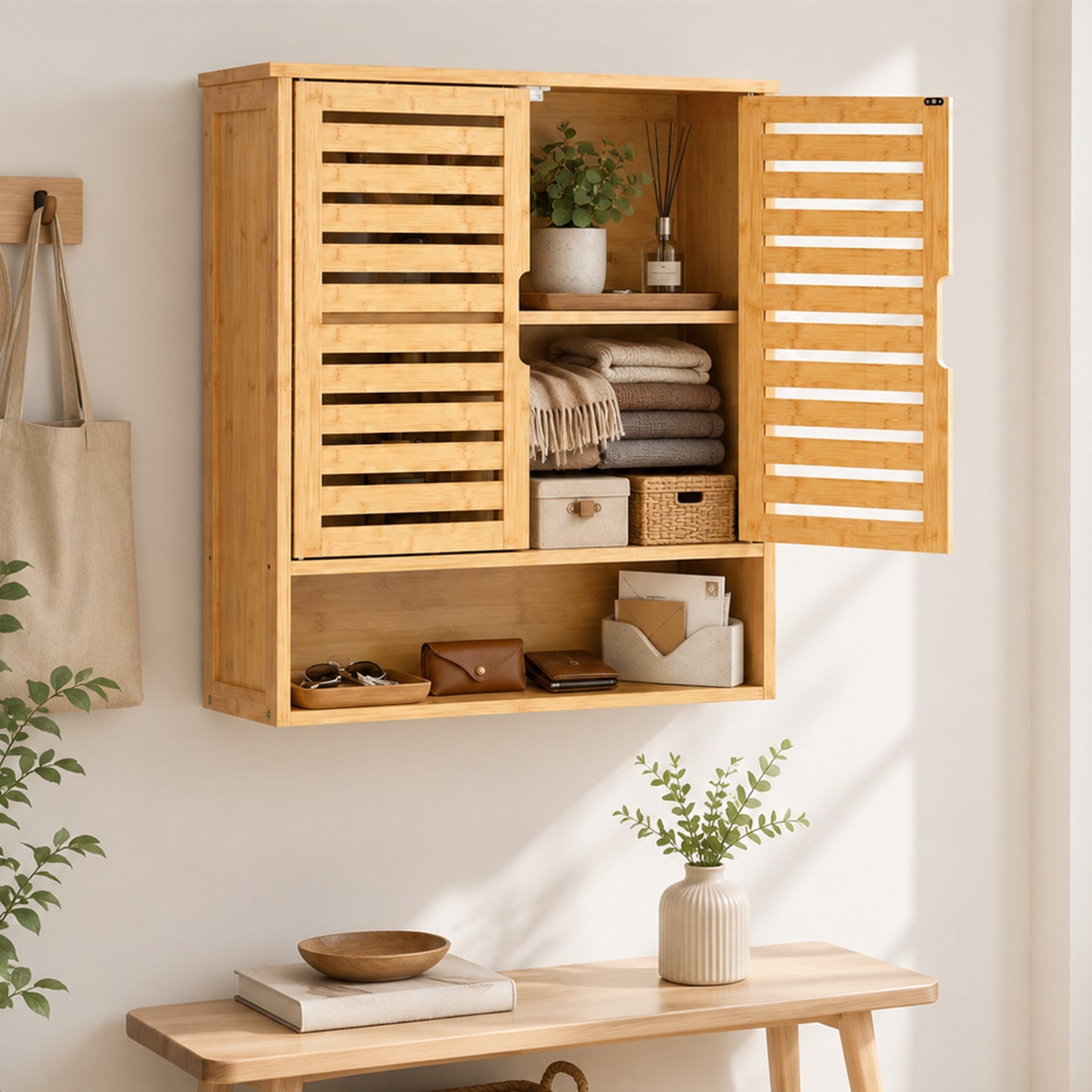 Wall Mounted Bathroom Cabinet with 2 Louvered Doors, Open Shelf