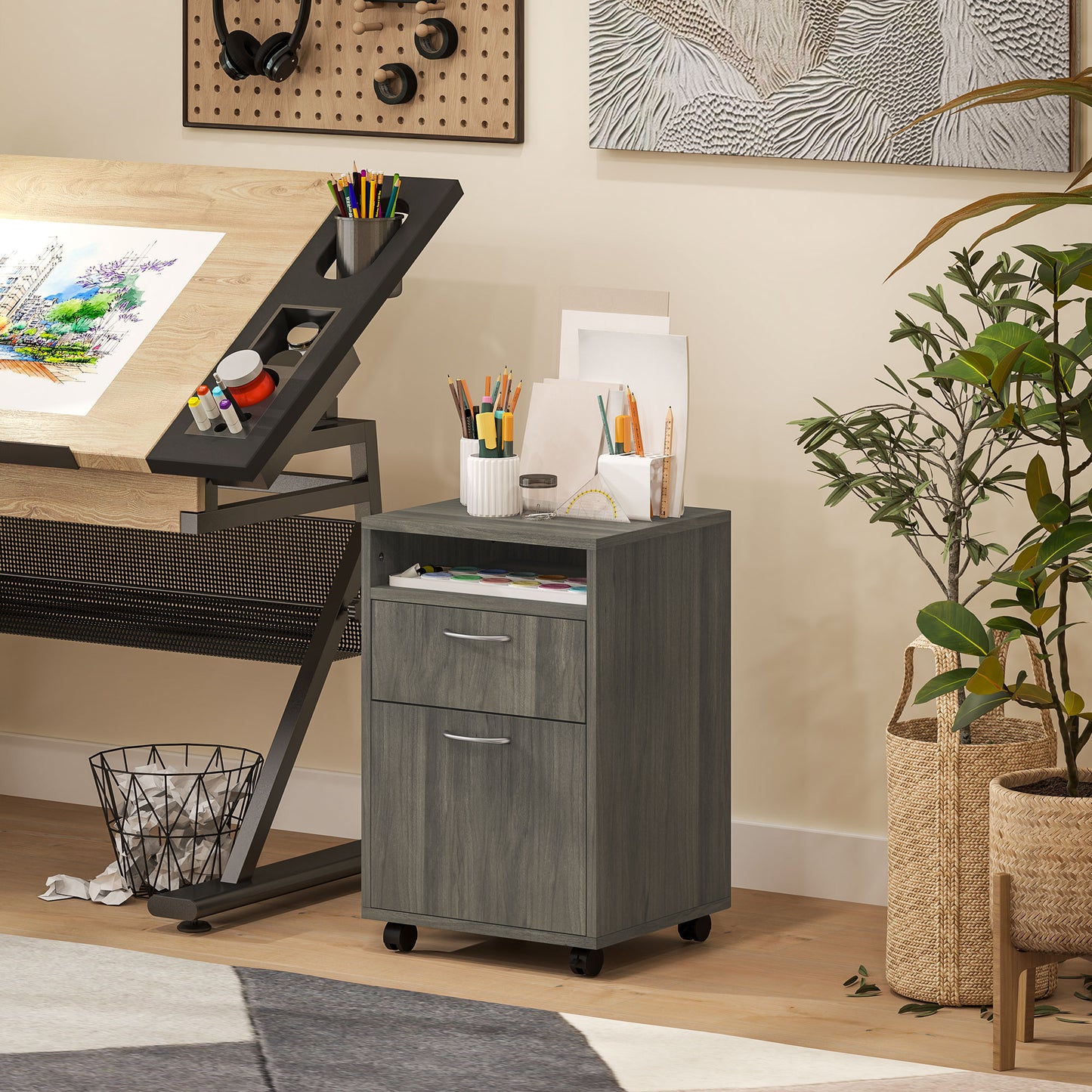 60cm Filing Cabinet with Drawers and Open Shelf, Grey