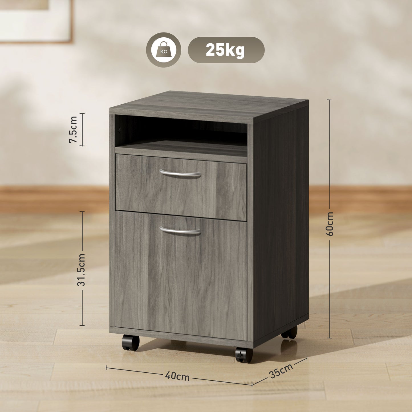 60cm Filing Cabinet with Drawers and Open Shelf, Grey