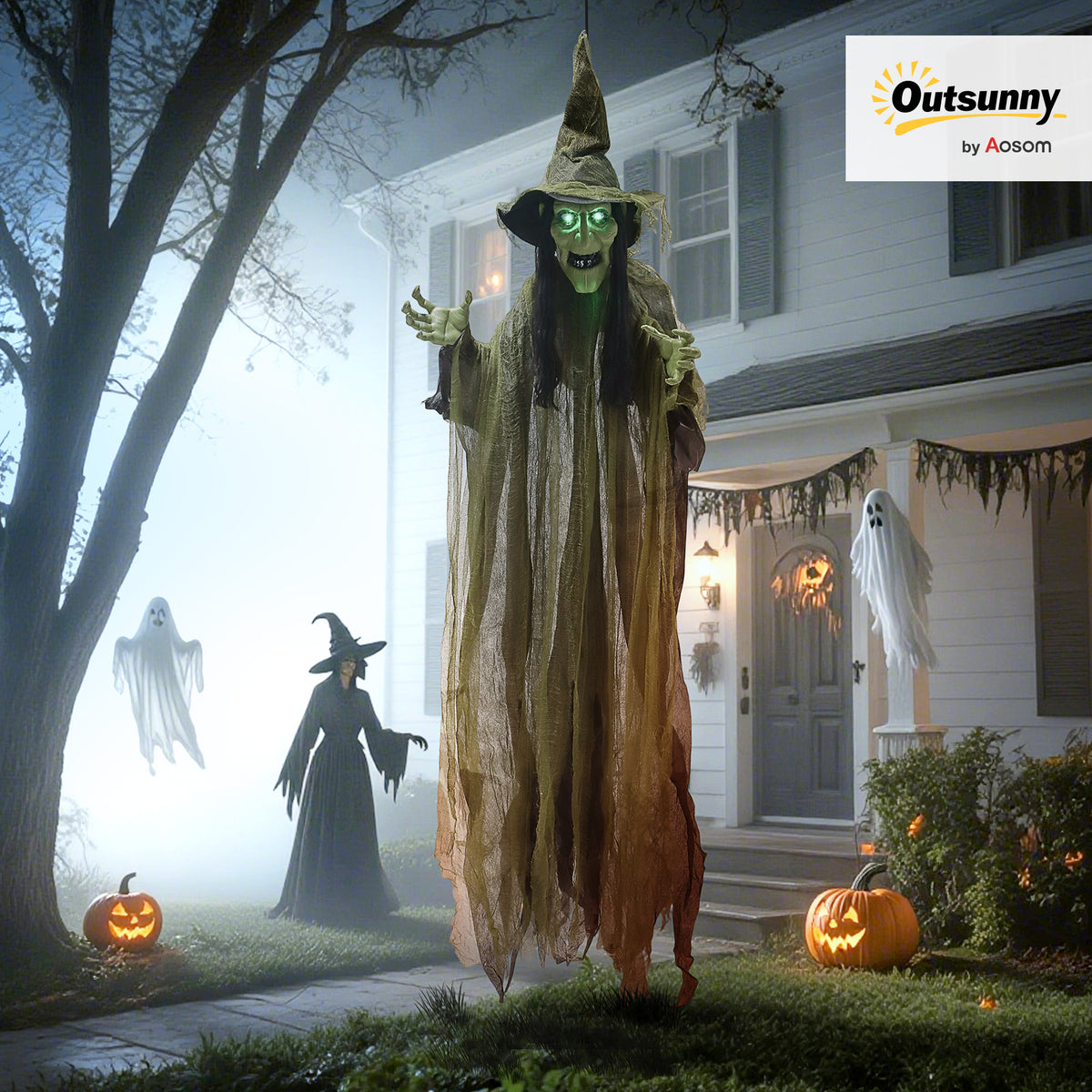Voice Activated Halloween Animatronics Hanging Witch, Green