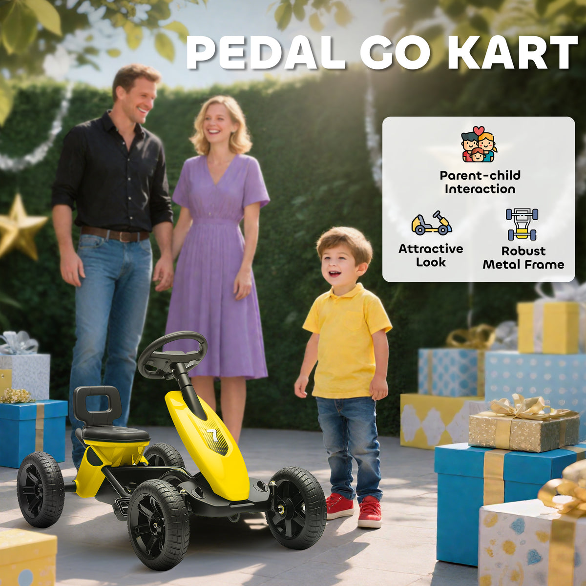 Pedal Go-Kart for Kids with Silent EVA Wheels, Metal Frame, Yellow