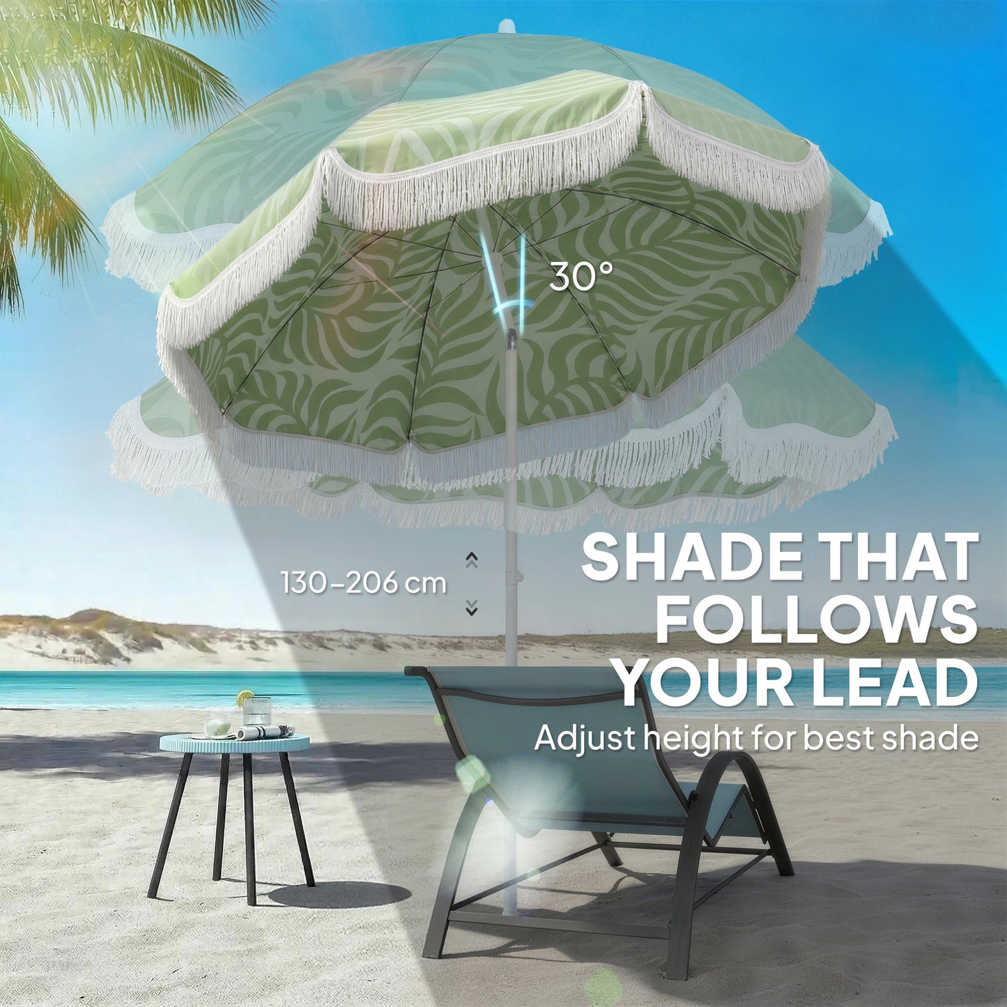 1.8 m Beach Umbrella Parasol with Sand Anchor, 30 Tilt, Green