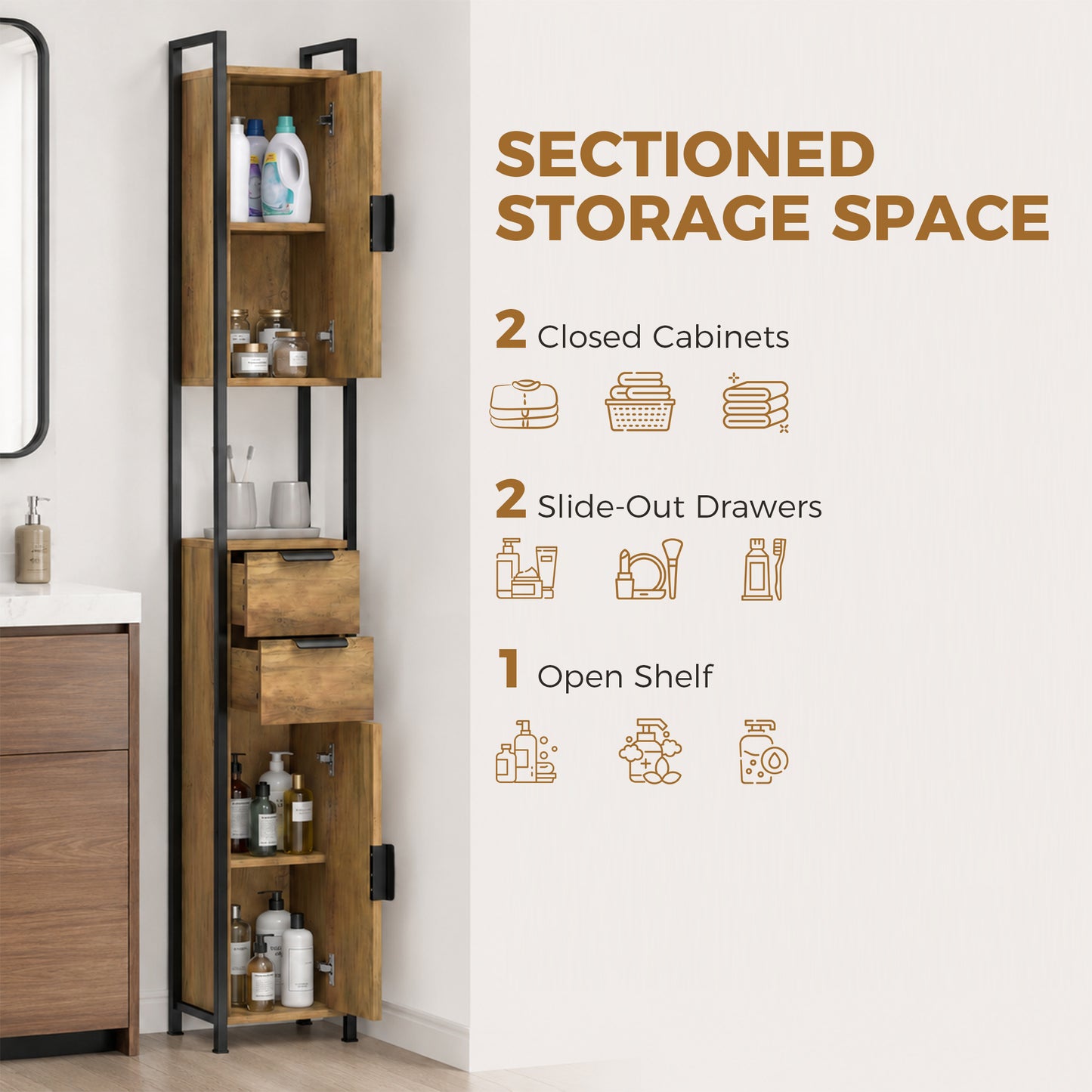 Freestanding Bathroom Cabinet with Drawers and Shelves, Brown