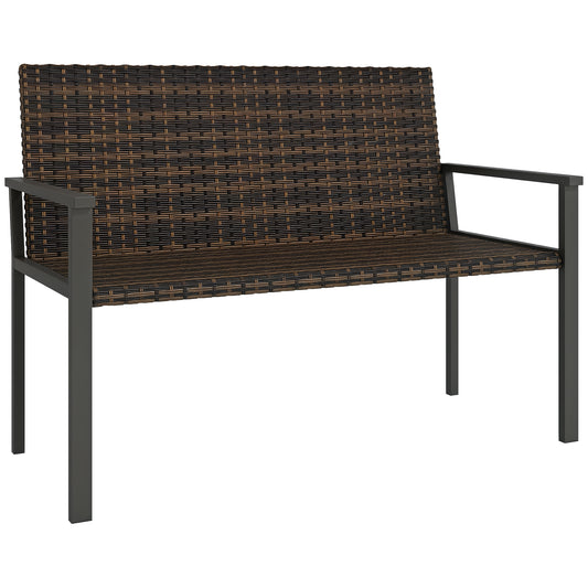Rattan Garden Bench Loveseat with Quick-Drying Padding, Mixed Brown