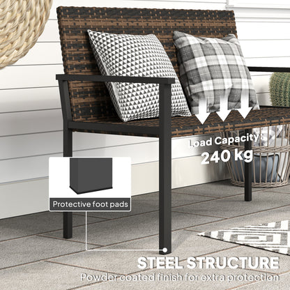 Rattan Garden Bench Loveseat with Quick-Drying Padding, Mixed Brown