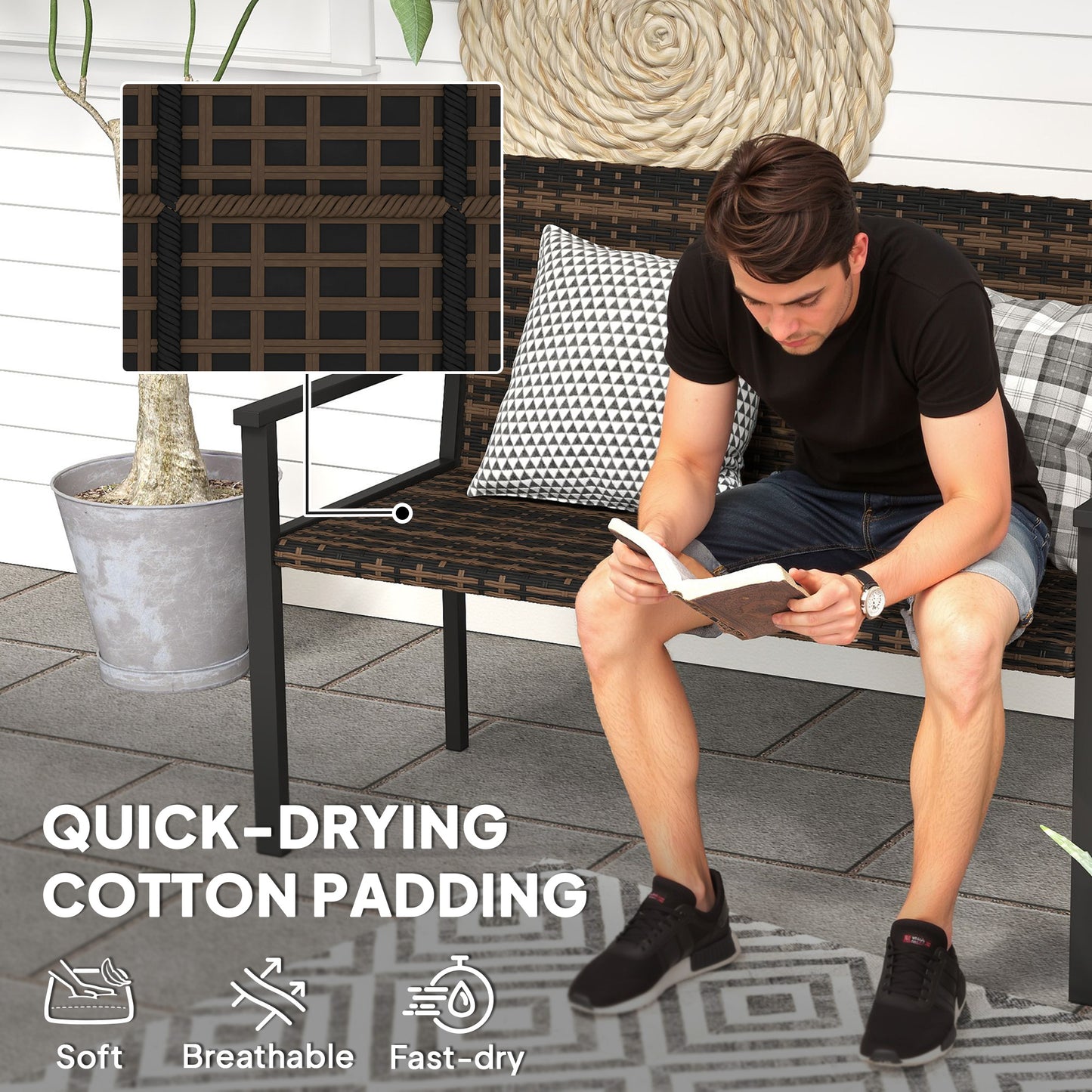 Rattan Garden Bench Loveseat with Quick-Drying Padding, Mixed Brown