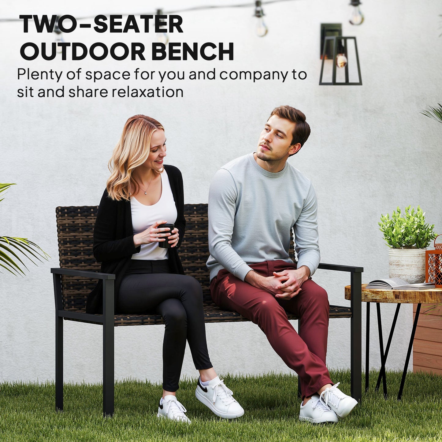 Rattan Garden Bench Loveseat with Quick-Drying Padding, Mixed Brown