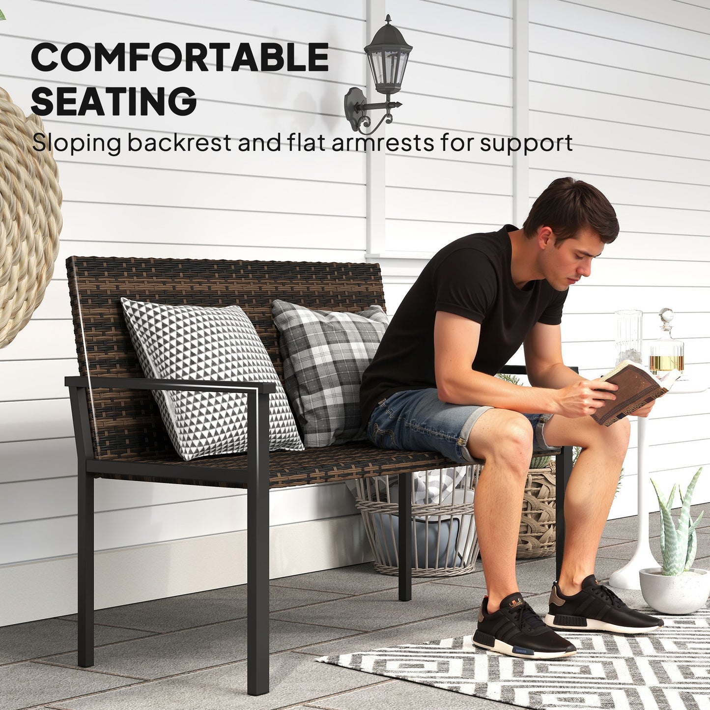 Rattan Garden Bench Loveseat with Quick-Drying Padding, Mixed Brown