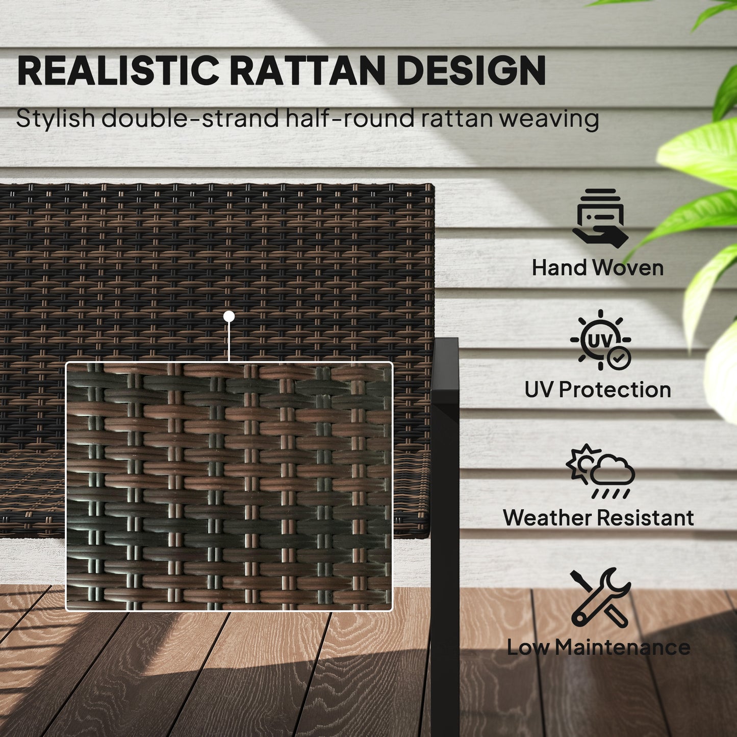 Rattan Garden Bench Loveseat with Quick-Drying Padding, Mixed Brown