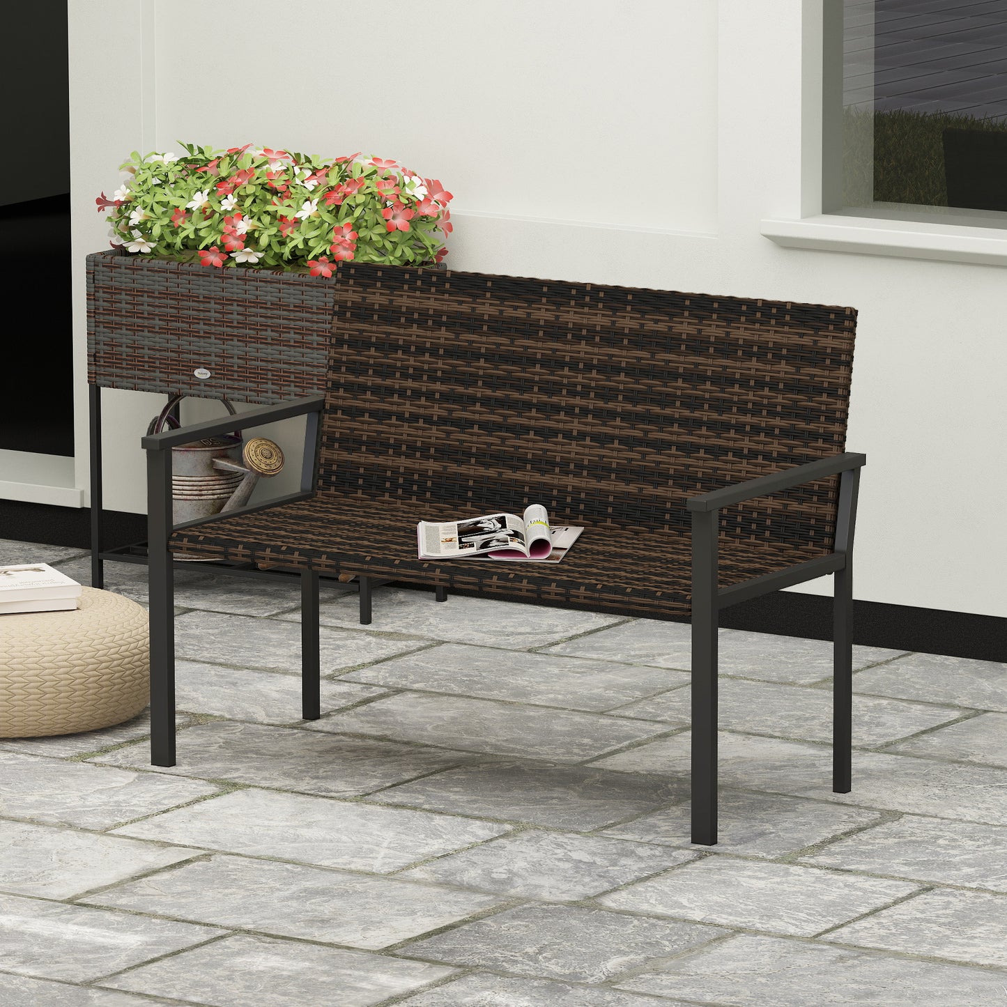 Rattan Garden Bench Loveseat with Quick-Drying Padding, Mixed Brown