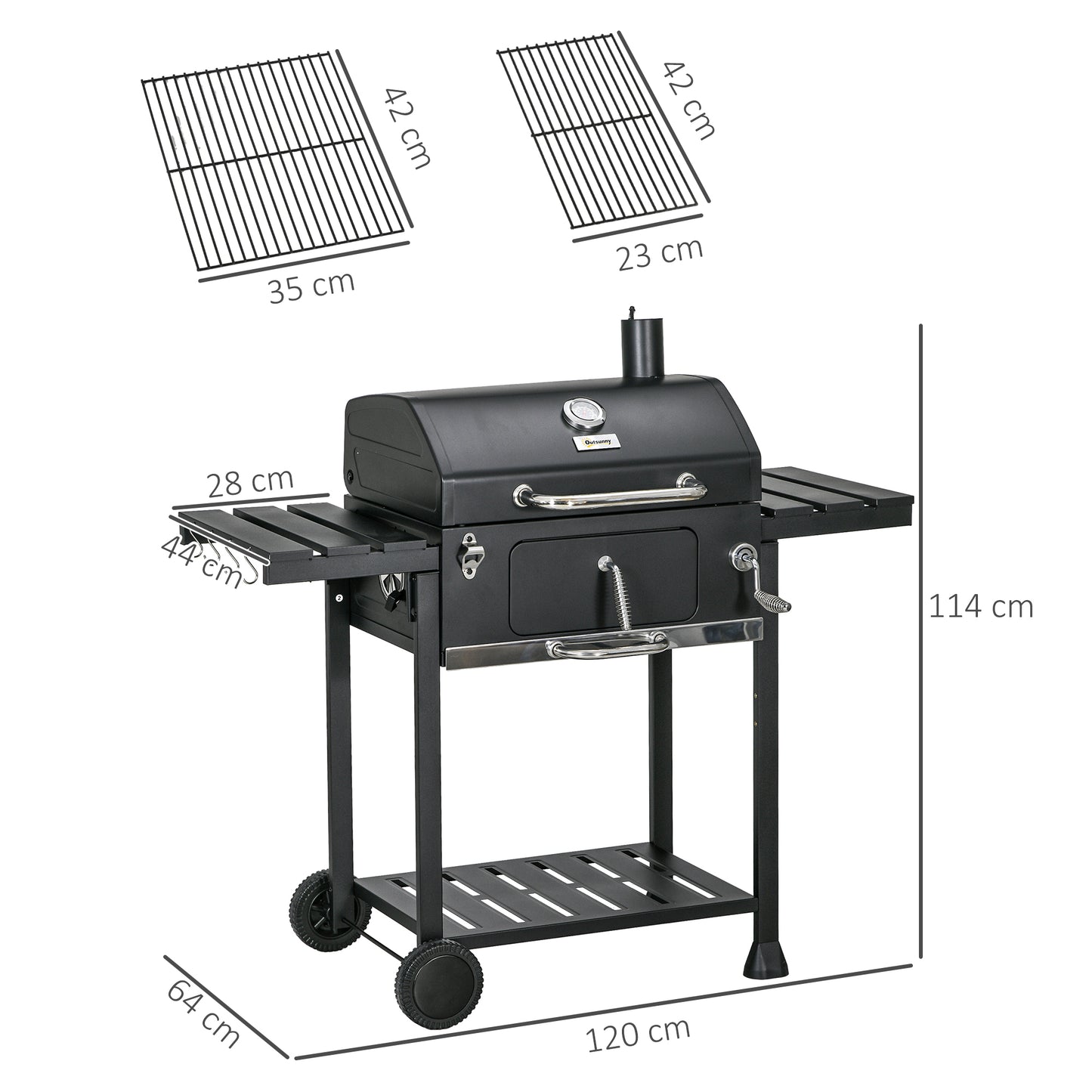 Adjustable Charcoal Pan BBQ, with Thermometer and Warming Rack