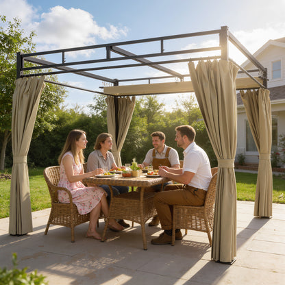 3 x 3 m Garden Pergola with Retractable Canopy, Curtains, Khaki