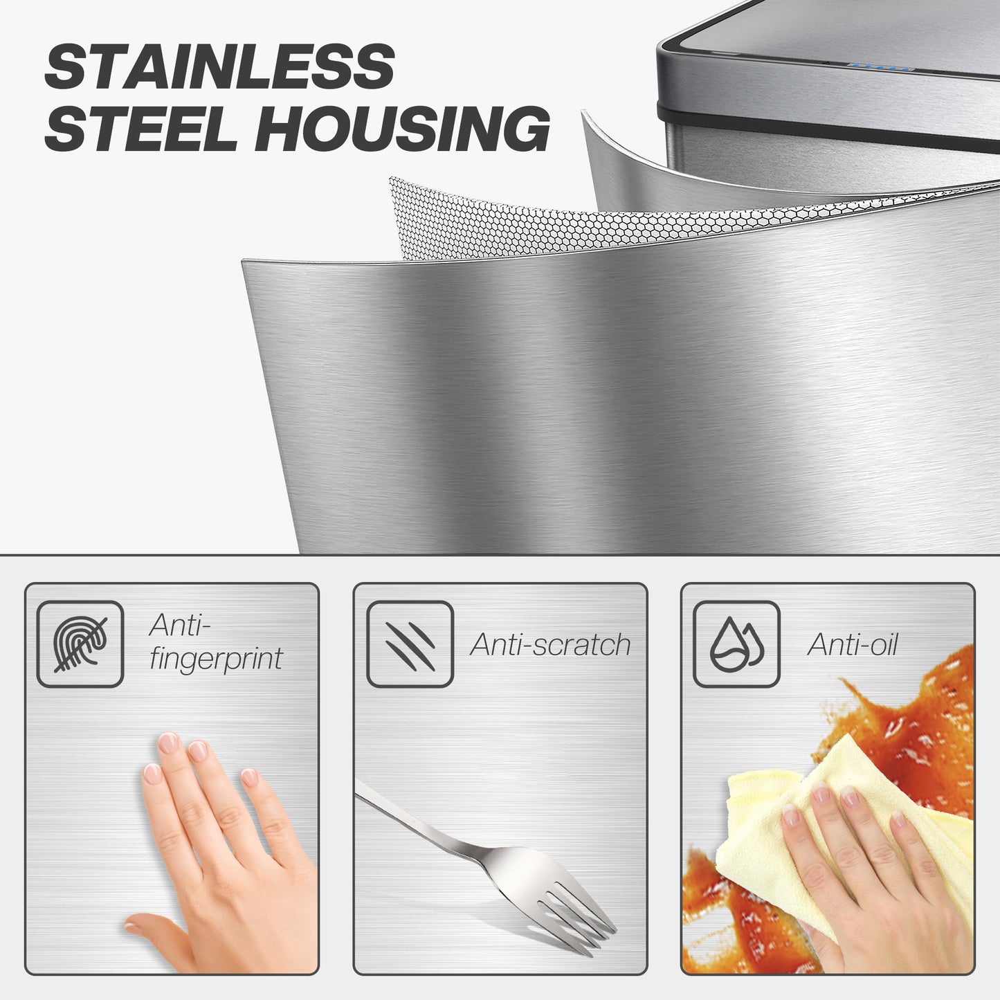 60 L Kitchen Bin with Fingerprint-Proof Stainless Steel, Silver Tone
