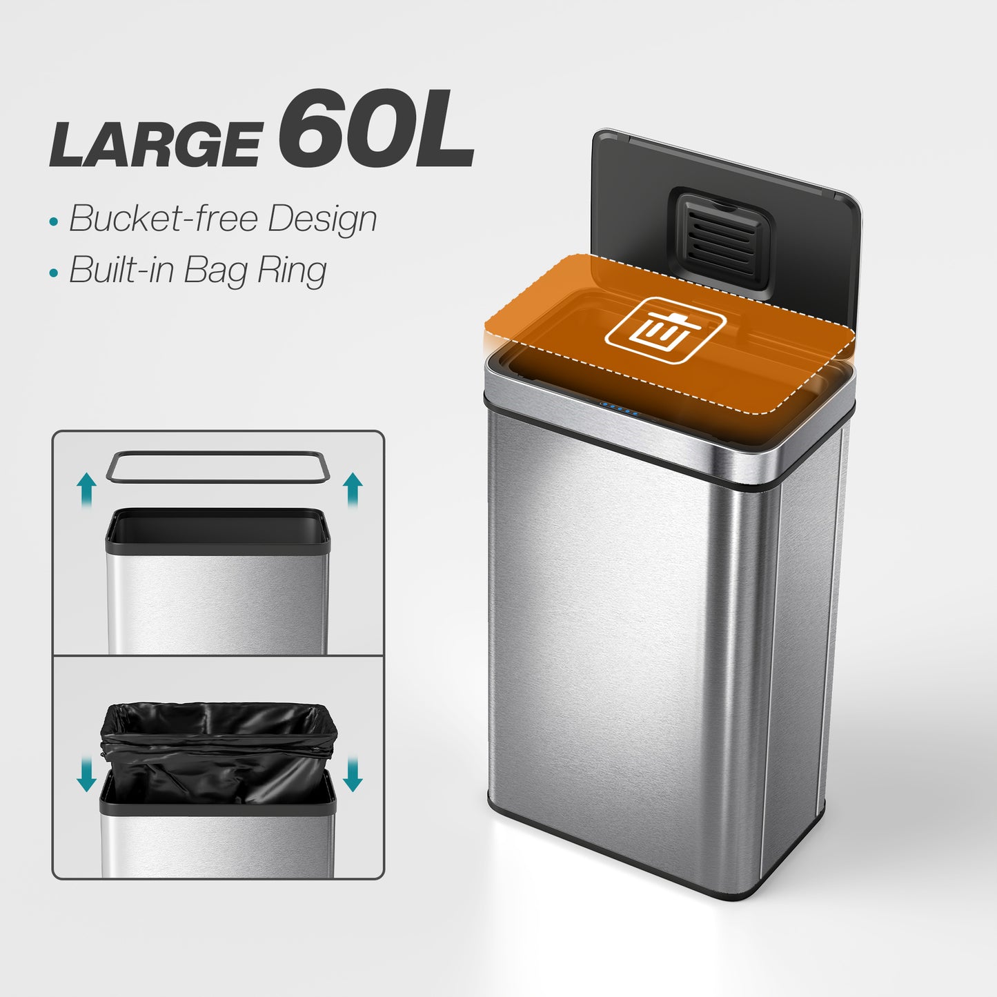 60 L Kitchen Bin with Fingerprint-Proof Stainless Steel, Silver Tone