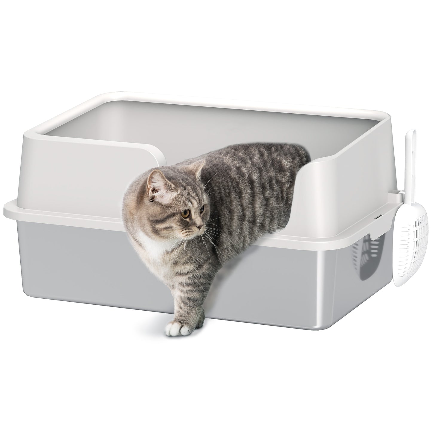 Stainless Steel Litter Box, High Sided Metal Cat Litter Tray w/ Scoop