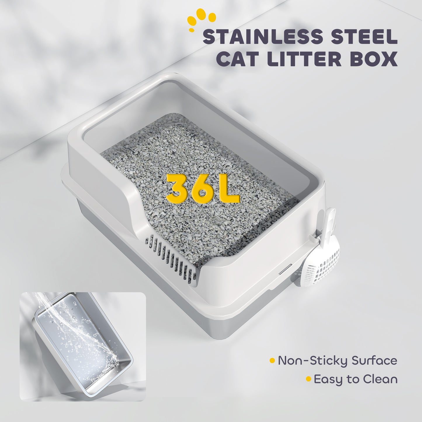 Stainless Steel Litter Box, High Sided Metal Cat Litter Tray w/ Scoop