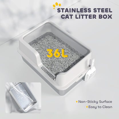 Stainless Steel Litter Box, High Sided Metal Cat Litter Tray w/ Scoop