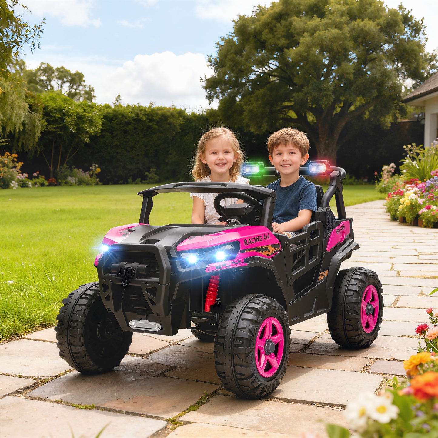 24V Electric Ride on Car, 2-Seater Kids Electric Truck, Pink