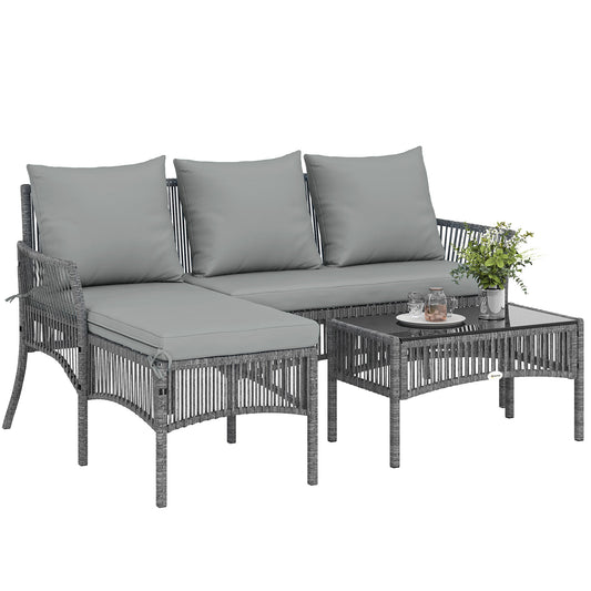 3 Piece Rattan Garden Furniture Set with Cushions, Dark Grey