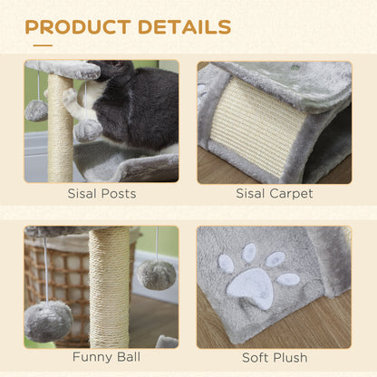 Cat Tree Tower, Rotatable Top Bar, Sisal Post, Tunnel, Balls, Grey