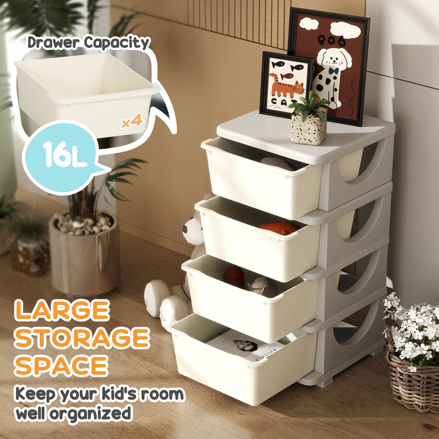 Kids Storage Units with Drawers 4 Tier Chest Dresser Tower Cream