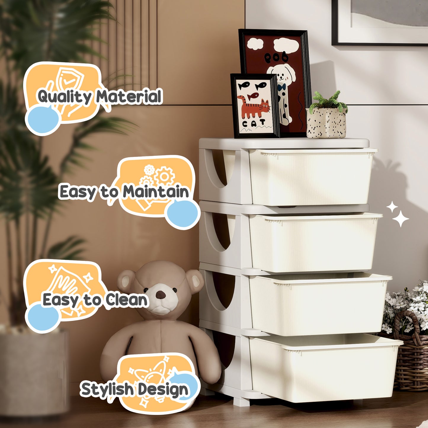 Kids Storage Units with Drawers 4 Tier Chest Dresser Tower Cream