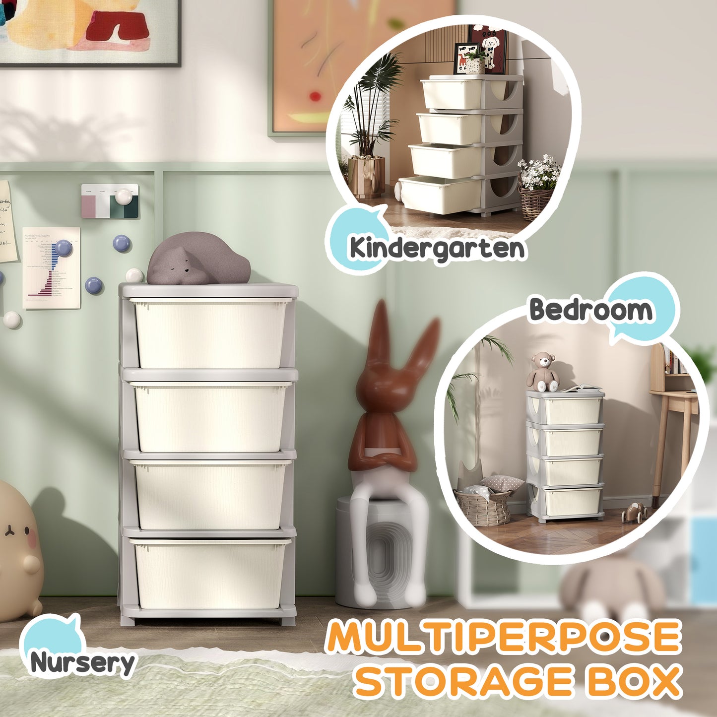Kids Storage Units with Drawers 4 Tier Chest Dresser Tower Cream