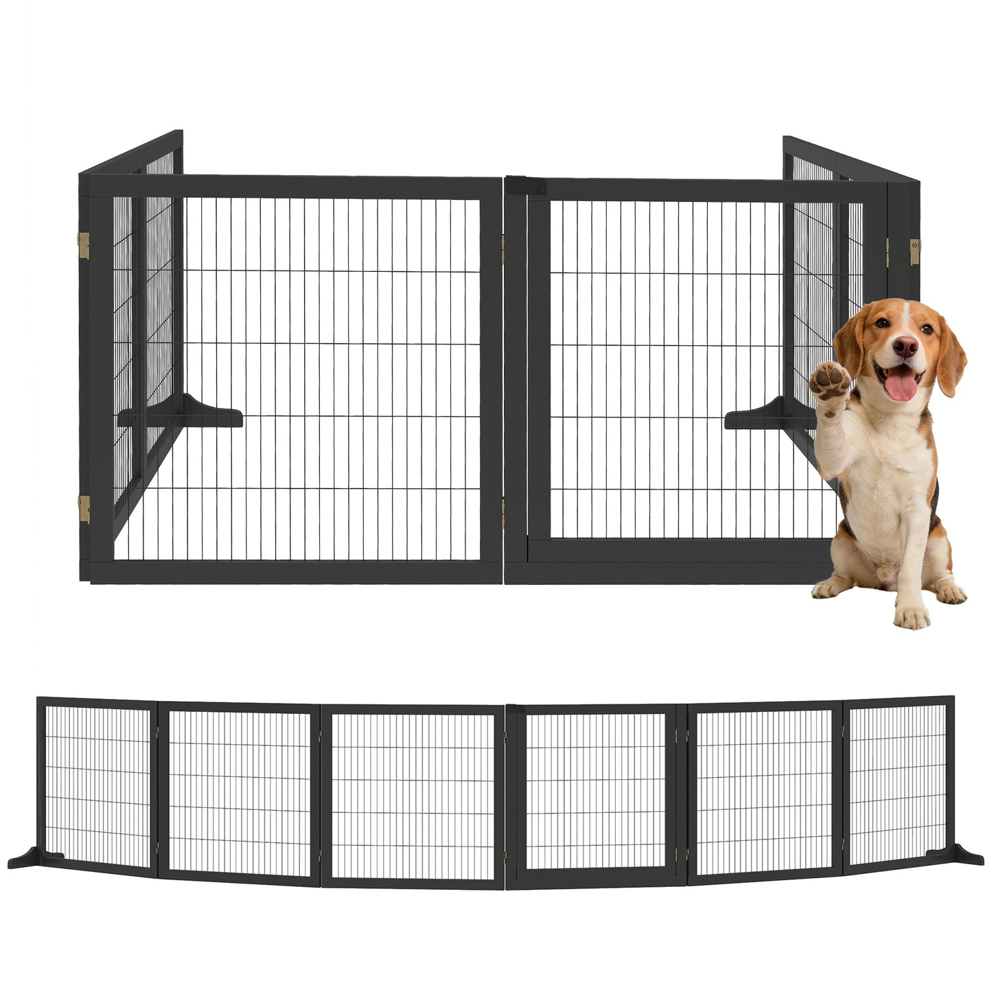 Freestanding Pet Dog Gate, Six-Panel Foldable Wooden Playpen, Black