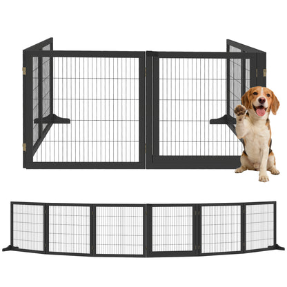 Freestanding Pet Dog Gate, Six-Panel Foldable Wooden Playpen, Black