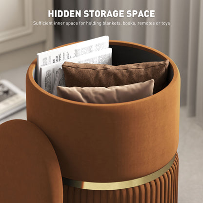 Round Pouffe, Storage Footstool with Cushioned Top, Hidden Space Light Brown