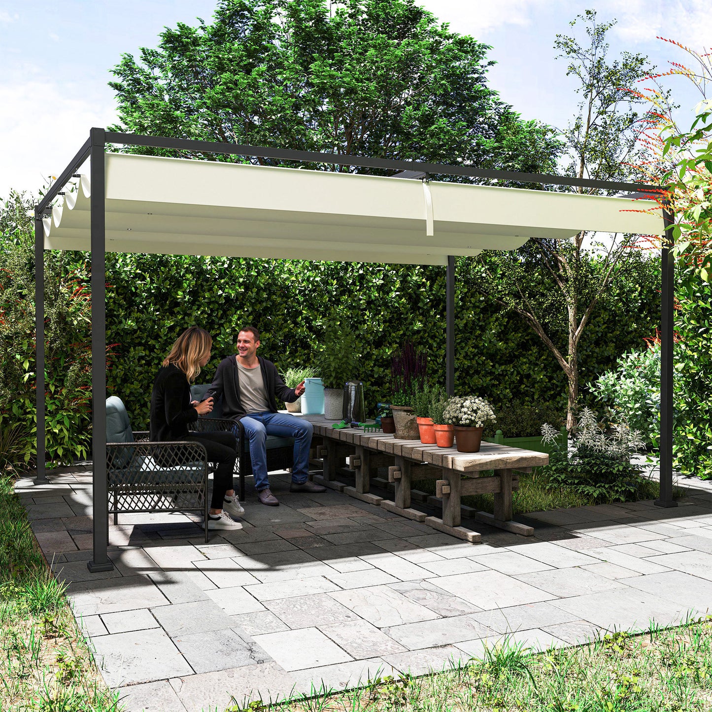 4x3m Metal Pergola Gazebo Patio Sunshelter Retractable Canopy Cream
