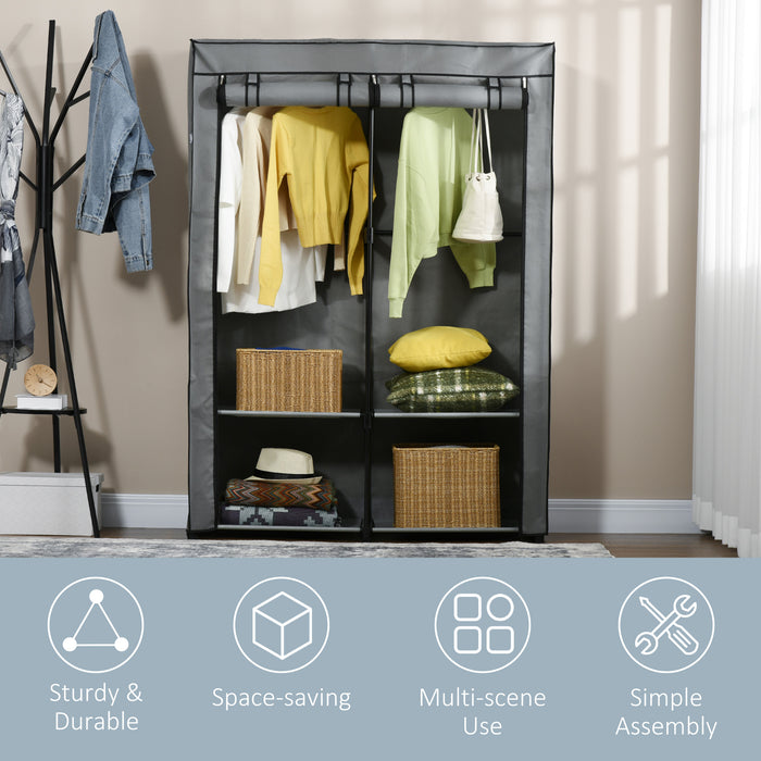 Fabric Wardrobe, Portable Fabric Cabinet, Foldable Coat Rack with 4 Shelves, 2 Hanging Rails, 118 x 49 x 170 cm, Grey