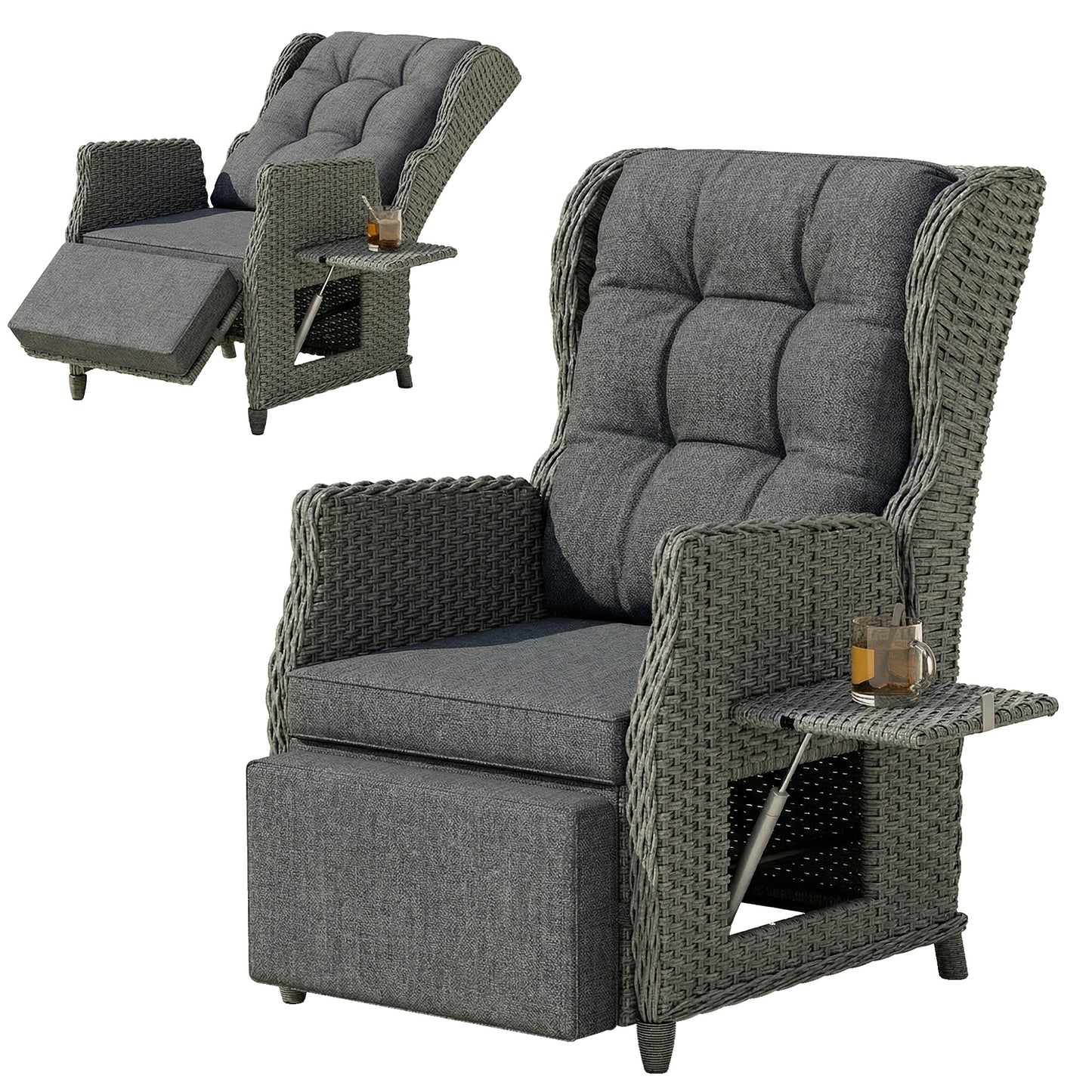Rattan Garden Recliner Chair with Flip Table, Dark Grey