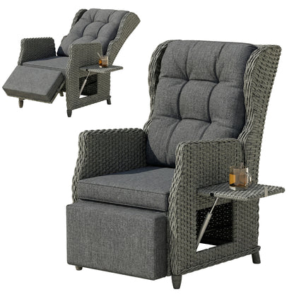 Rattan Garden Recliner Chair with Flip Table, Dark Grey