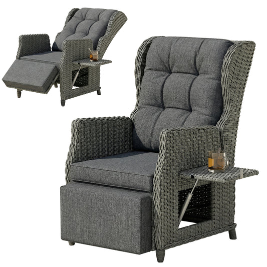 Rattan Garden Recliner Chair with Flip Table, Dark Grey