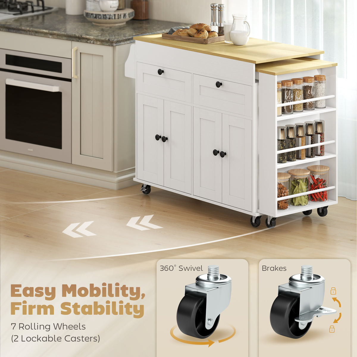 Extendable Kitchen Island with Storage, Wheels and USB Charging - White & Oak Effect