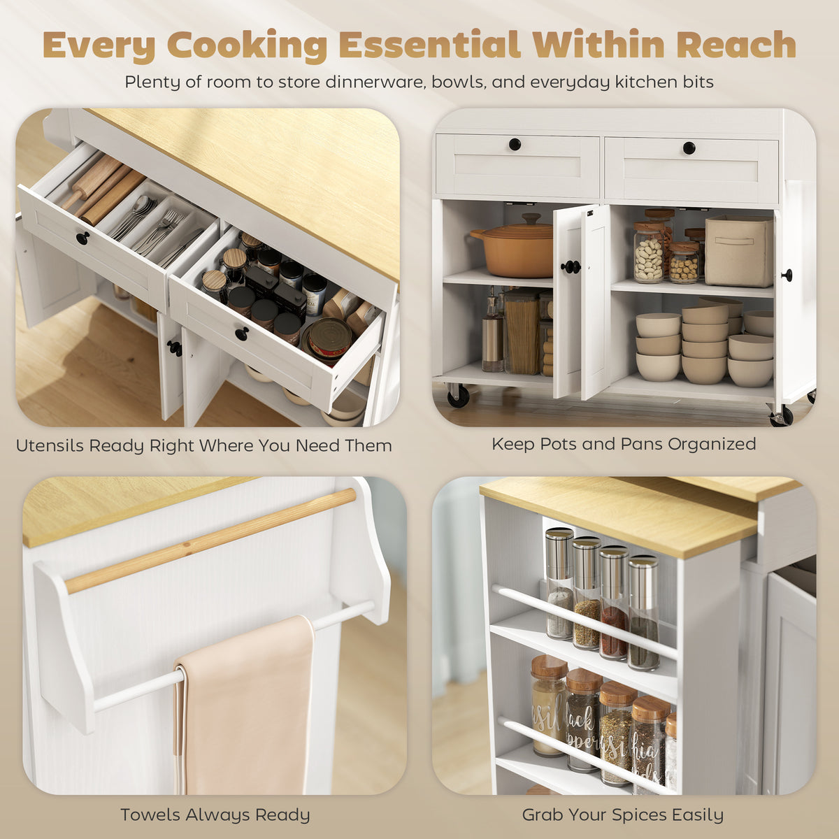 Extendable Kitchen Island with Storage, Wheels and USB Charging - White & Oak Effect