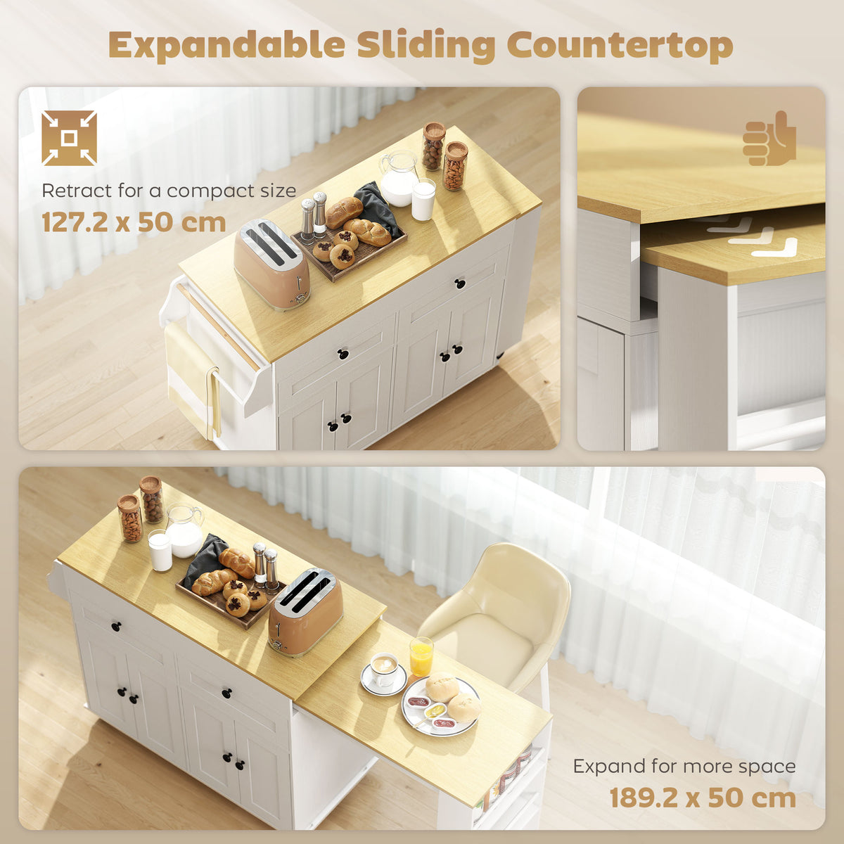 Extendable Kitchen Island with Storage, Wheels and USB Charging - White & Oak Effect