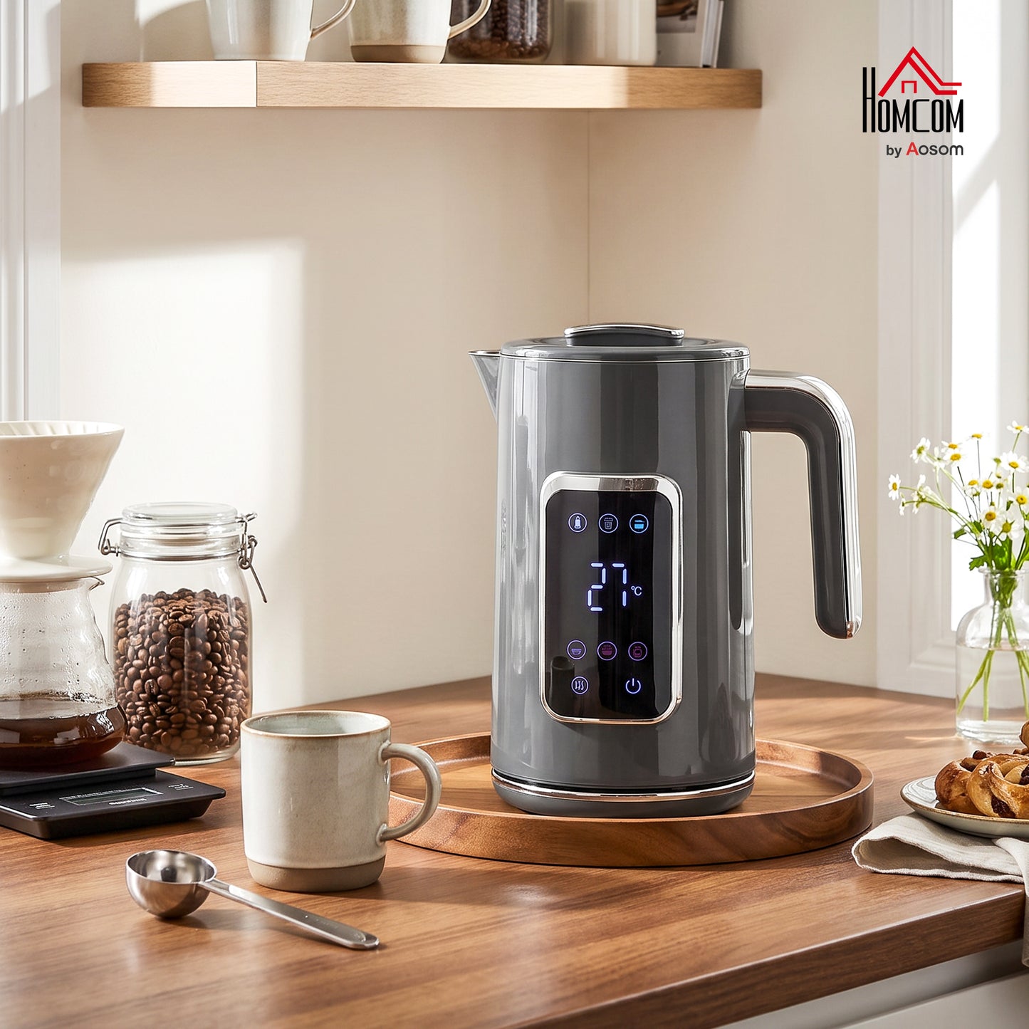 1.7L Fast Boil 3000W Electric Kettle with LED Display, Grey