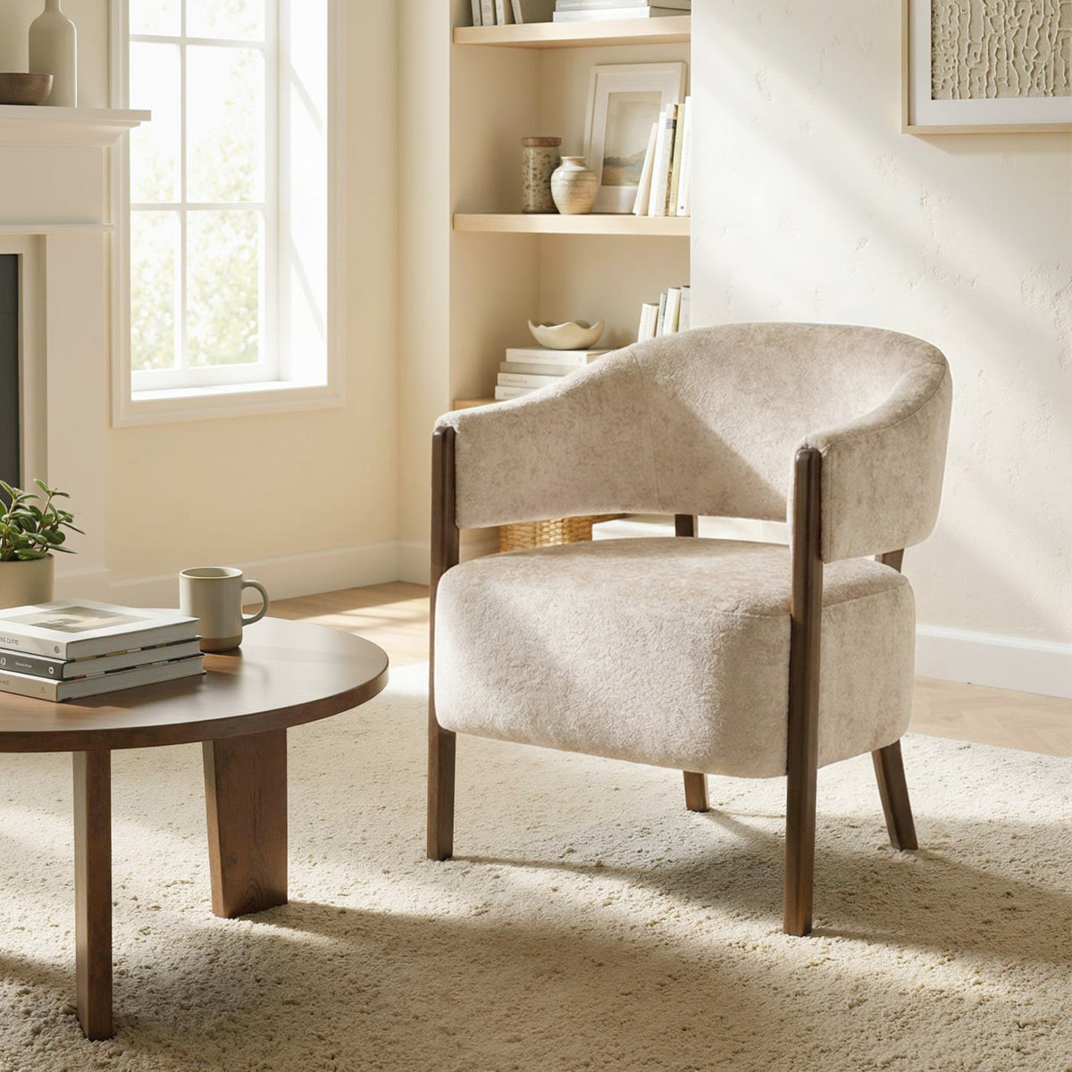 Accent Chair, Upholstered Armchair with Solid Wood Legs, Beige