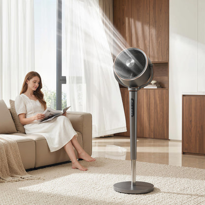 20dB Silent Standing Fan, 70°+90° Auto Oscillating Fan with 12 Speeds, LED Light, Air Circulator, Remote Control, 12H Timer, for Bedroom, 46 Inch, Grey