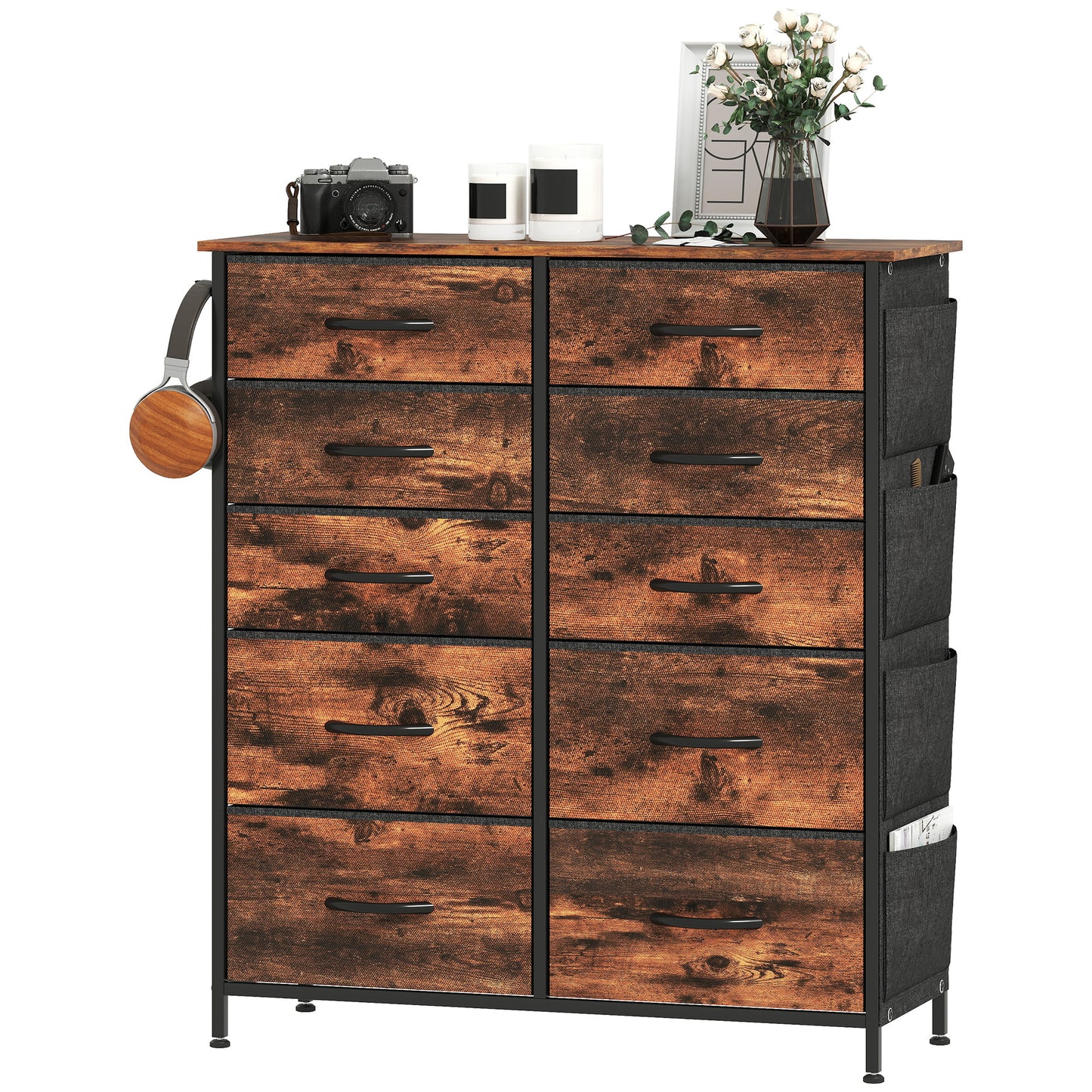 Fabric Chest of Drawers, 10 Drawer Dresser for Bedroom, Rustic Brown