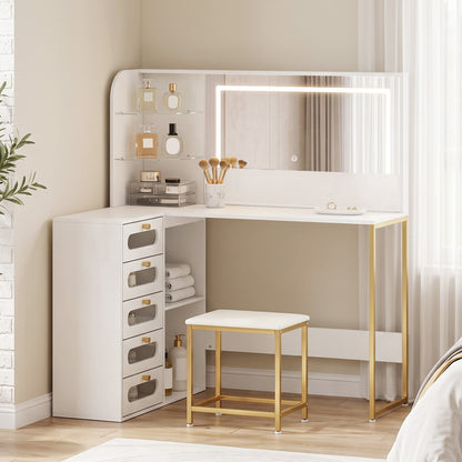 Dressing Table with LED Mirror and Stool, Drawers, Vanity Desk, White