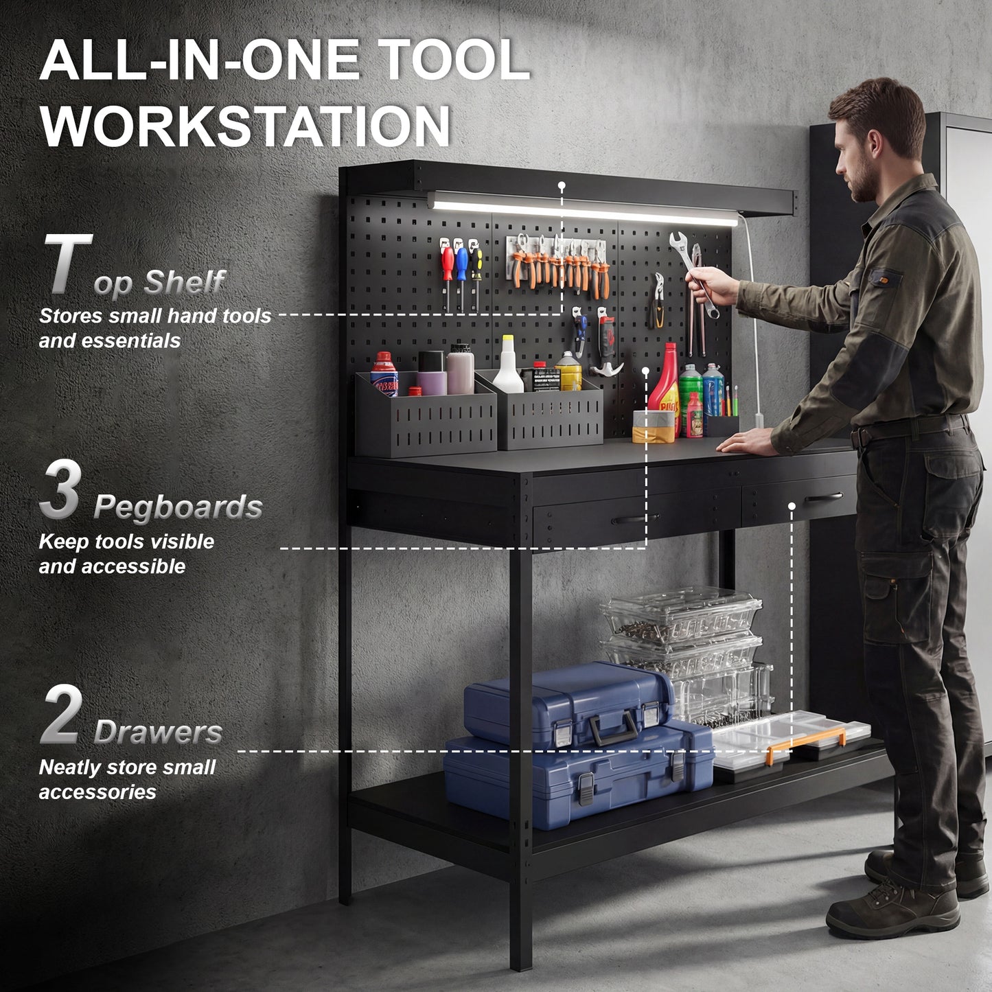 110 cm Workbench with Pegboard and LED Light, 272 kg Load Capacity