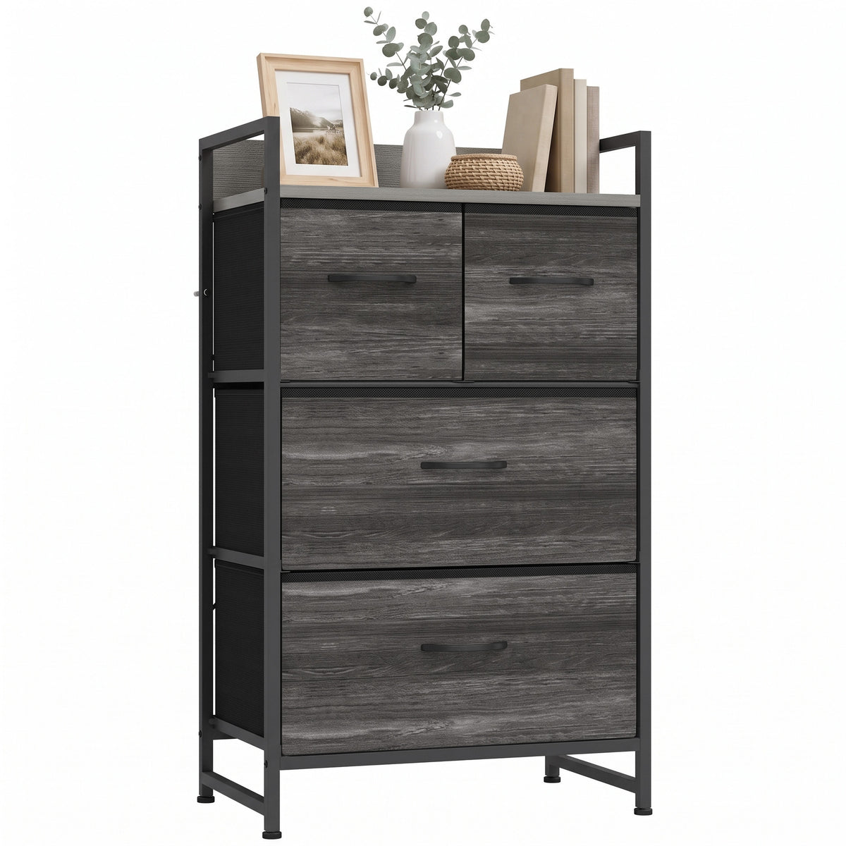 4-Drawer Fabric Chest with Top Shelf and Steel Frame - Grey & Black