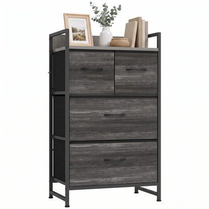 4-Drawer Fabric Chest with Top Shelf and Steel Frame - Grey & Black