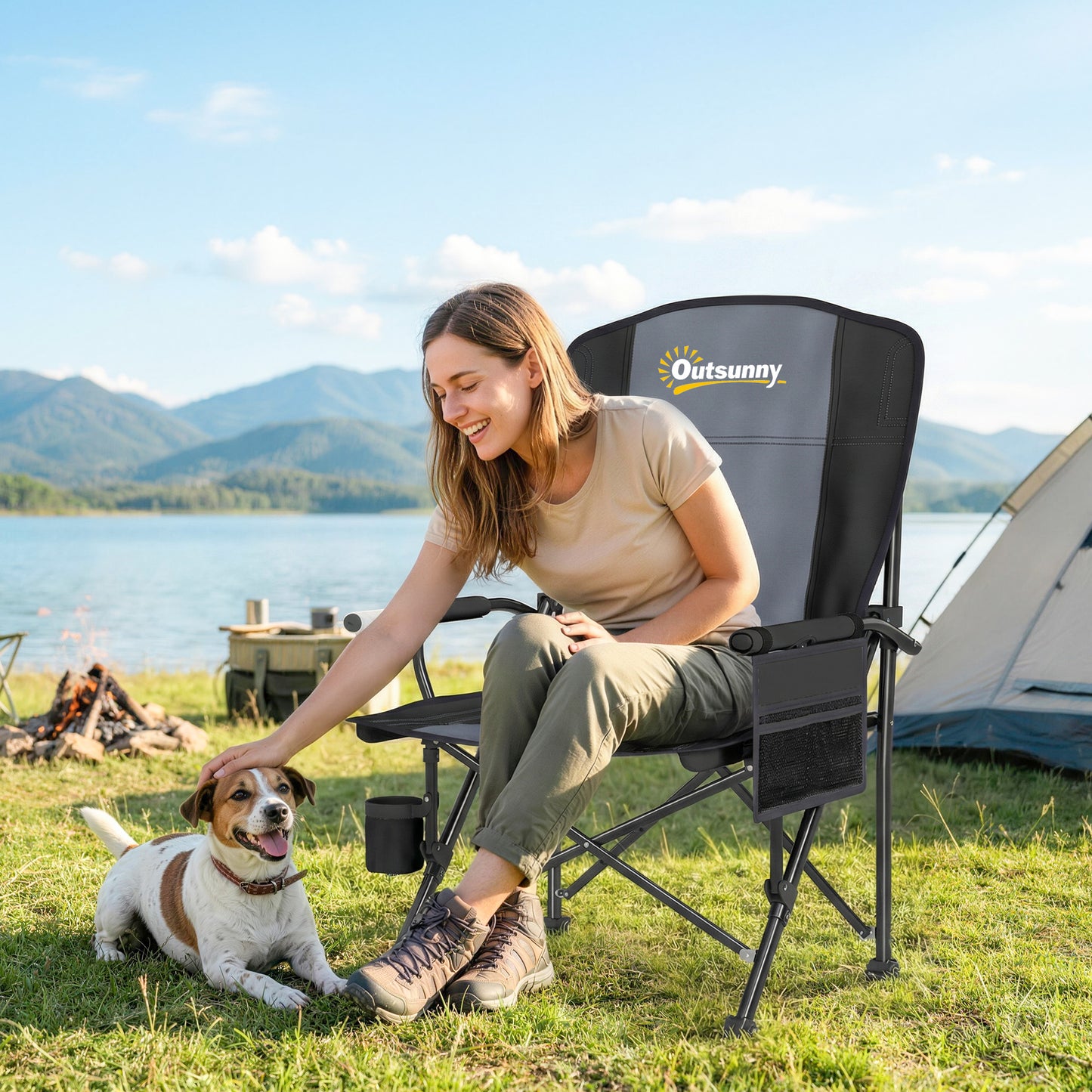 Camping Chair Padded with Side Pocket Black
